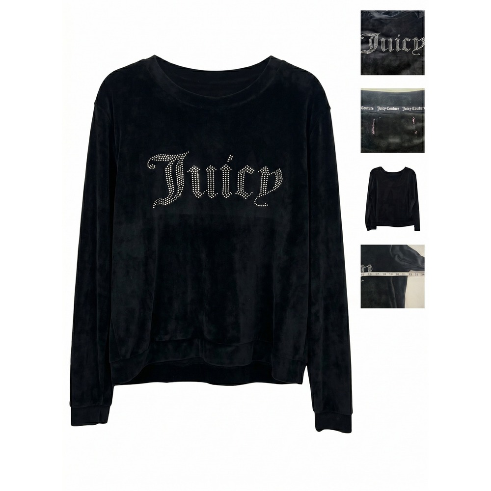 Juicy Couture Black Velour Rhinestone Logo‎ Pullover Sweatshirt Women s L
